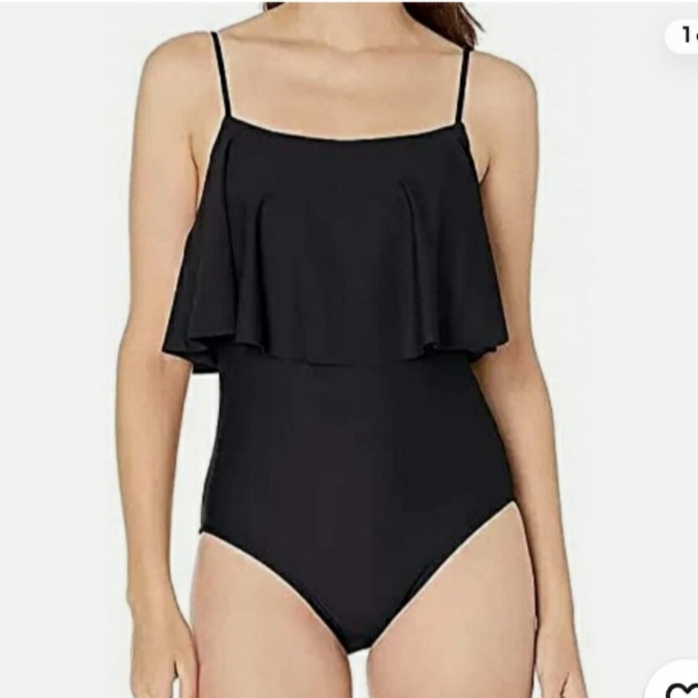 Tommy Hilfiger Womens Black One-Piece Swimsuit with Ruffle Overlay Size 18